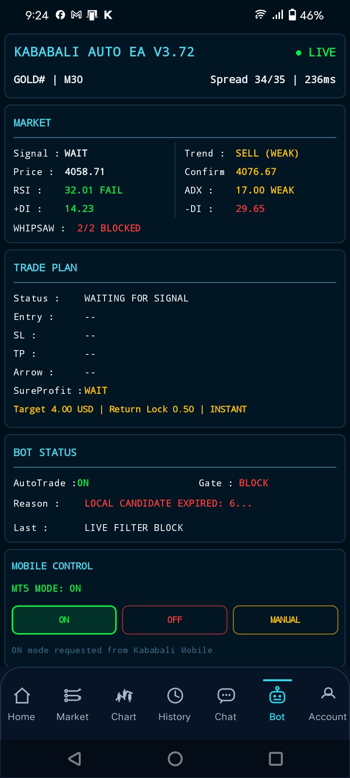 Kababali Mobile bot status, trade plan, and MT5 mode control