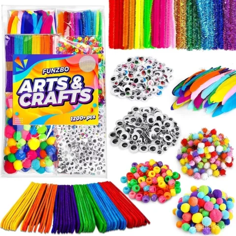 FUNZBO 1200pcs+ Arts & Crafts Supplies for Kids- Craft Kits with Pipe Cleaners, Pom Poms for Crafts, Popsicle Sticks for Craft, Craft for Kids