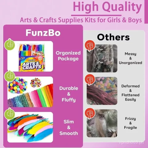 FUNZBO 1200pcs+ Arts & Crafts Supplies for Kids- Craft Kits with Pipe Cleaners, Pom Poms for Crafts, Popsicle Sticks for Craft, Craft for Kids 3