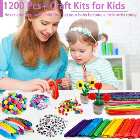 FUNZBO 1200pcs+ Arts & Crafts Supplies for Kids- Craft Kits with Pipe Cleaners, Pom Poms for Crafts, Popsicle Sticks for Craft, Craft for Kids 4