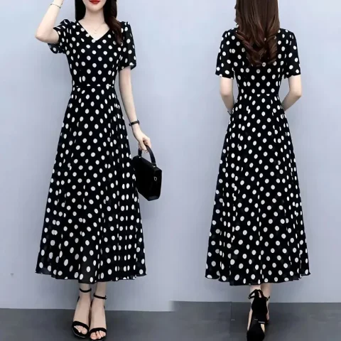 0025E Polka Dot Dress Short-Sleeved Dress V-Neck Dress Narrow-Waisted Dress Thin Dress Long Dress Chiffon One-Piece Dress Polka Dot