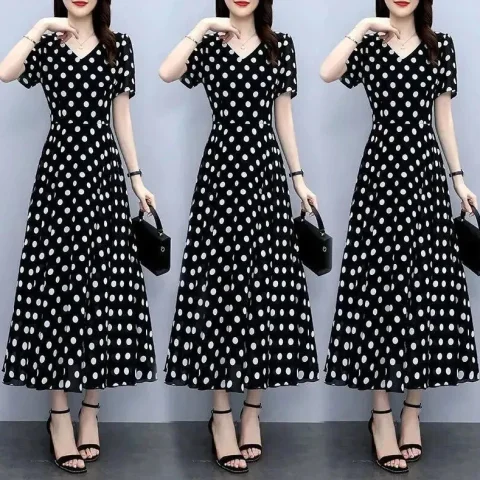 0025E Polka Dot Dress Short-Sleeved Dress V-Neck Dress Narrow-Waisted Dress Thin Dress Long Dress Chiffon One-Piece Dress Polka Dot