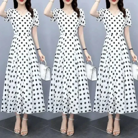 0025E Polka Dot Dress Short-Sleeved Dress V-Neck Dress Narrow-Waisted Dress Thin Dress Long Dress Chiffon One-Piece Dress Polka Dot 3
