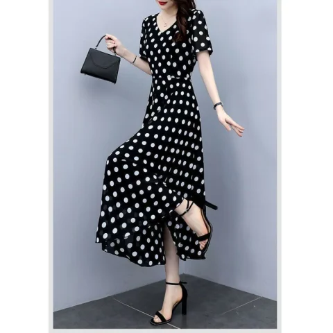 0025E Polka Dot Dress Short-Sleeved Dress V-Neck Dress Narrow-Waisted Dress Thin Dress Long Dress Chiffon One-Piece Dress Polka Dot 4