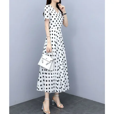 0025E Polka Dot Dress Short-Sleeved Dress V-Neck Dress Narrow-Waisted Dress Thin Dress Long Dress Chiffon One-Piece Dress Polka Dot 5