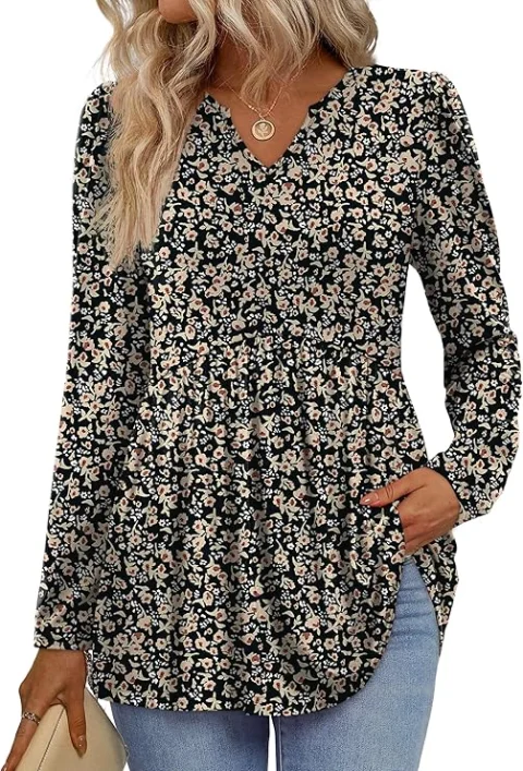 WIHOLL Womens Tops Long Sleeve Fall Shirts Babydoll Peplum Tops for Women V Neck Tunic Dressy Casual Blouses 5