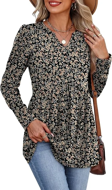 WIHOLL Womens Tops Long Sleeve Fall Shirts Babydoll Peplum Tops for Women V Neck Tunic Dressy Casual Blouses 3