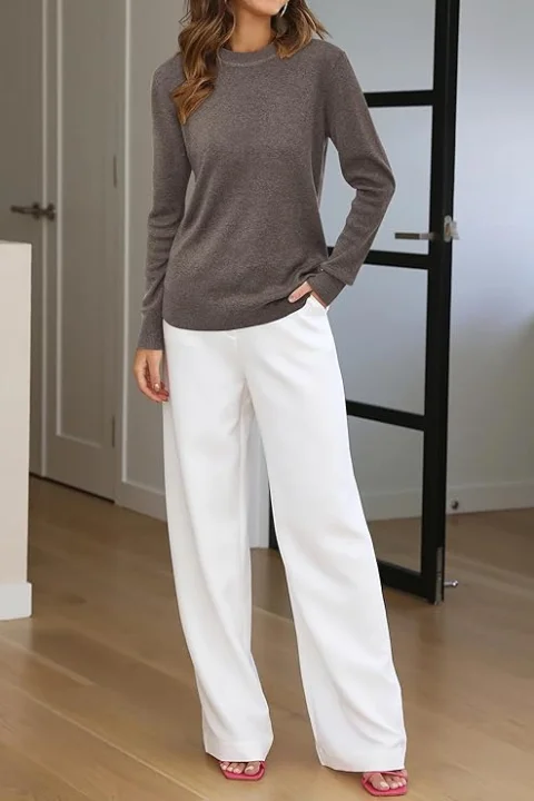 Arach&Cloz Women's Wool Blend Classic Crew Neck Casual Fall Sweaters 3