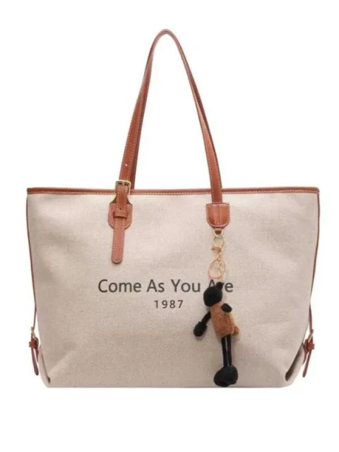 Women’s Large Canvas Tote Bag – “Come As You Are” Shoulder Handbag with Leather Trim, Casual Fashion Shopper Bag for Work, Travel & Everyday Use 5