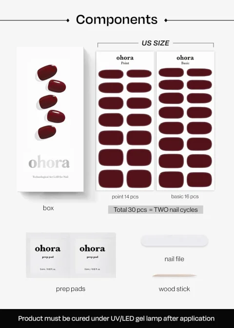 ohora Semi Cured Gel Nail Strips (N Classic Burgundy) - Red, Solid, Works with Any UV/LED Lamps, Salon-Quality, Long Lasting, Easy to Apply & Remove - Includes 2 Prep Pads, Nail File & Wooden Stick 3