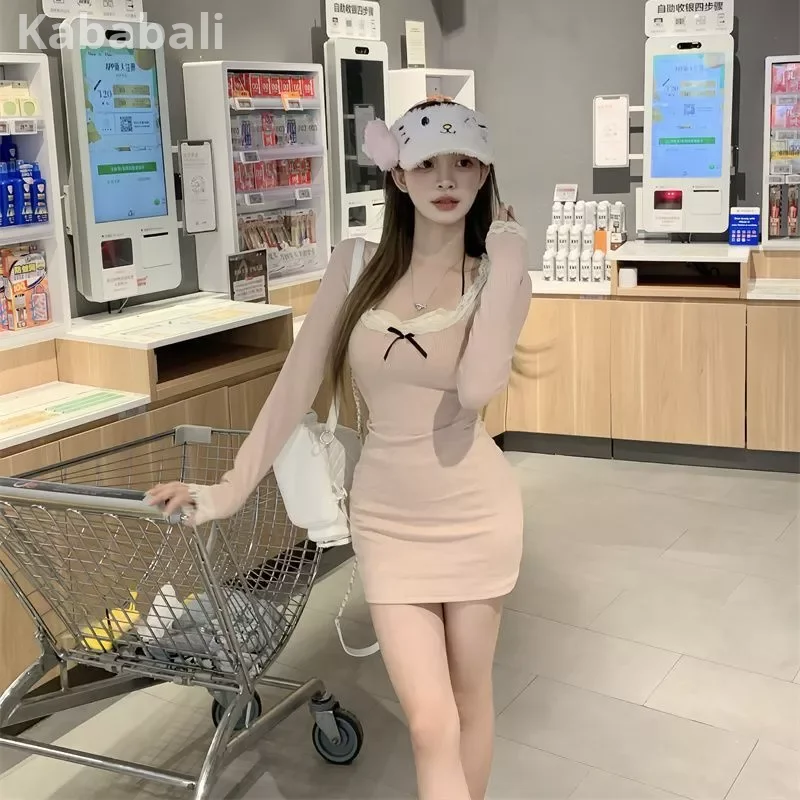 Lace Dress Splicing Dress Square Neck Dress Sweet Hot Dress Hot Girl Dress Showing Body Dress Narrow-Waisted Dress Thin Dress Long