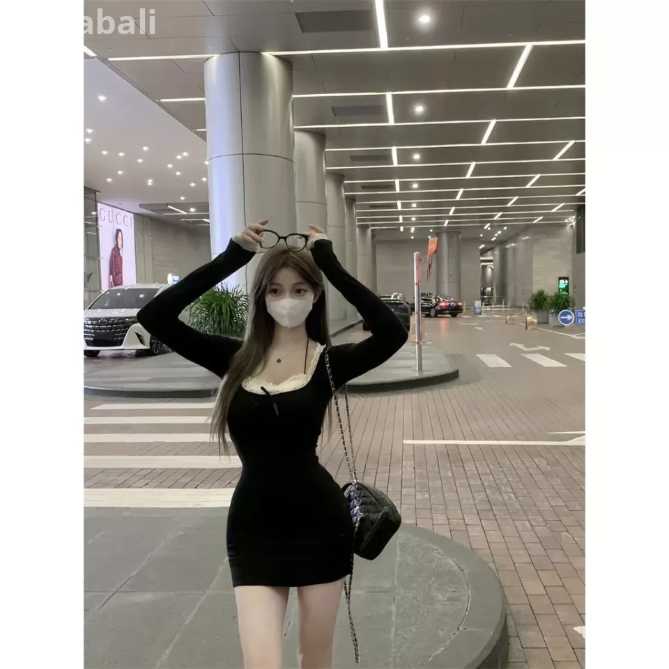 Lace Dress Splicing Dress Square Neck Dress Sweet Hot Dress Hot Girl Dress Showing Body Dress Narrow-Waisted Dress Thin Dress Long