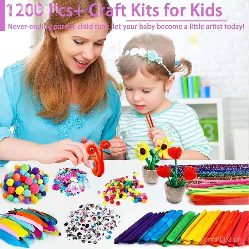 FUNZBO 1200pcs+ Arts & Crafts Supplies for Kids- Craft Kits with Pipe Cleaners, Pom Poms for Crafts, Popsicle Sticks for Craft, Craft for Kids