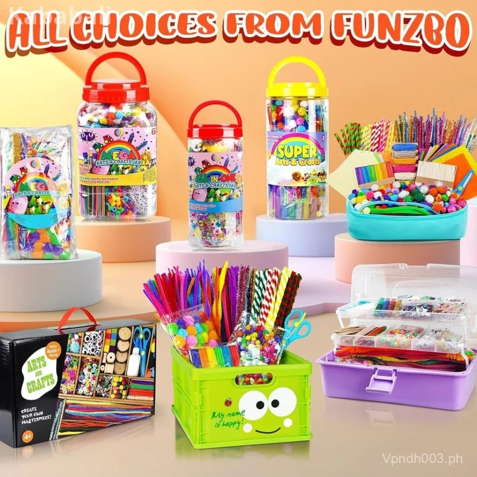 FUNZBO 1200pcs+ Arts & Crafts Supplies for Kids- Craft Kits with Pipe Cleaners, Pom Poms for Crafts, Popsicle Sticks for Craft, Craft for Kids