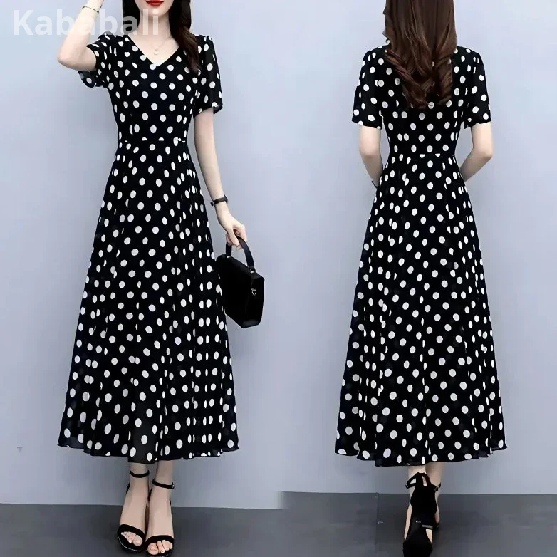 0025E Polka Dot Dress Short-Sleeved Dress V-Neck Dress Narrow-Waisted Dress Thin Dress Long Dress Chiffon One-Piece Dress Polka Dot