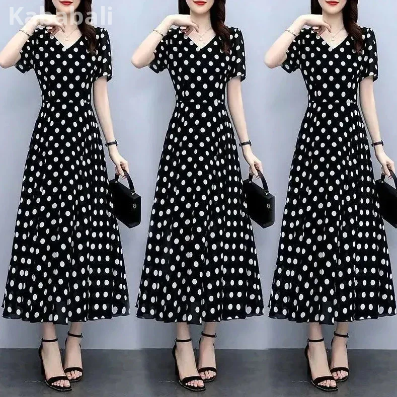 0025E Polka Dot Dress Short-Sleeved Dress V-Neck Dress Narrow-Waisted Dress Thin Dress Long Dress Chiffon One-Piece Dress Polka Dot