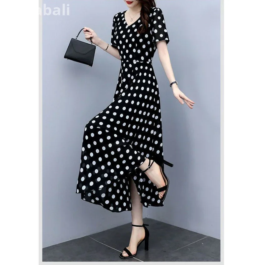 0025E Polka Dot Dress Short-Sleeved Dress V-Neck Dress Narrow-Waisted Dress Thin Dress Long Dress Chiffon One-Piece Dress Polka Dot