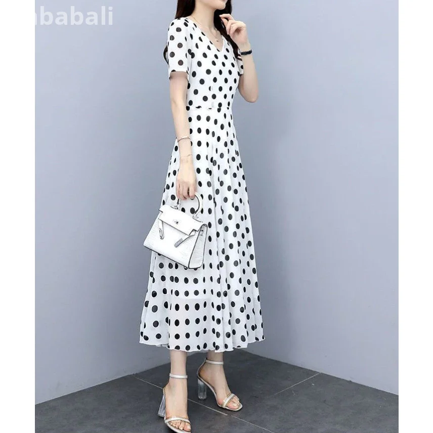 0025E Polka Dot Dress Short-Sleeved Dress V-Neck Dress Narrow-Waisted Dress Thin Dress Long Dress Chiffon One-Piece Dress Polka Dot