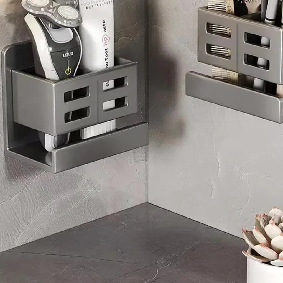 CHERRY Toothbrush Storage Rack – Multifunctional Waterproof Toothbrush Holder for Bathroom, Wall-Mounted Organizer, Strong Load-Bearing Grey/White