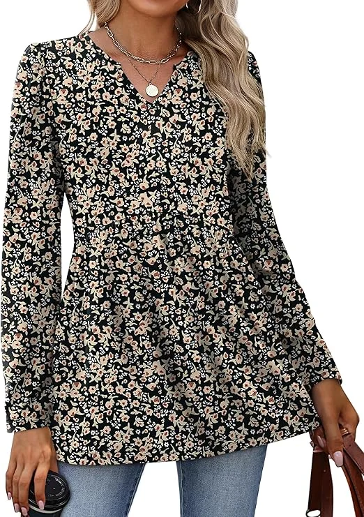 WIHOLL Womens Tops Long Sleeve Fall Shirts Babydoll Peplum Tops for Women V Neck Tunic Dressy Casual Blouses