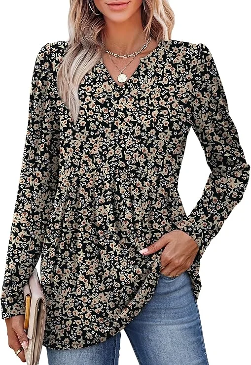 WIHOLL Womens Tops Long Sleeve Fall Shirts Babydoll Peplum Tops for Women V Neck Tunic Dressy Casual Blouses