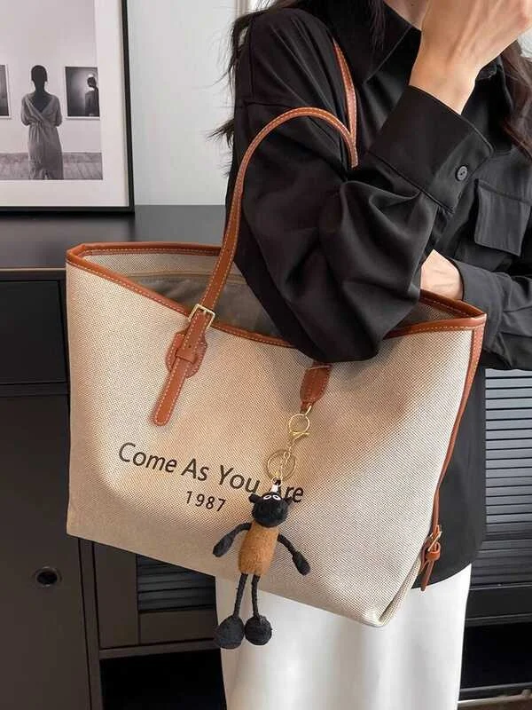 Women’s Large Canvas Tote Bag – “Come As You Are” Shoulder Handbag with Leather Trim, Casual Fashion Shopper Bag for Work, Travel & Everyday Use