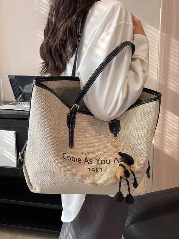 Women’s Large Canvas Tote Bag – “Come As You Are” Shoulder Handbag with Leather Trim, Casual Fashion Shopper Bag for Work, Travel & Everyday Use