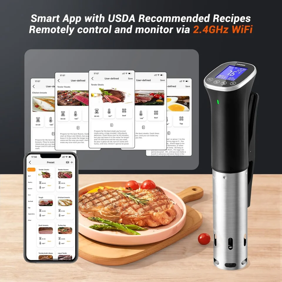 INKBIRD WIFI Sous Vide Cooker ISV-300W, 1000 Watts Sous-Vide Machine with 14 Preset Recipes, 3D Fast-Heating Thermal Immersion Circulator with Timer