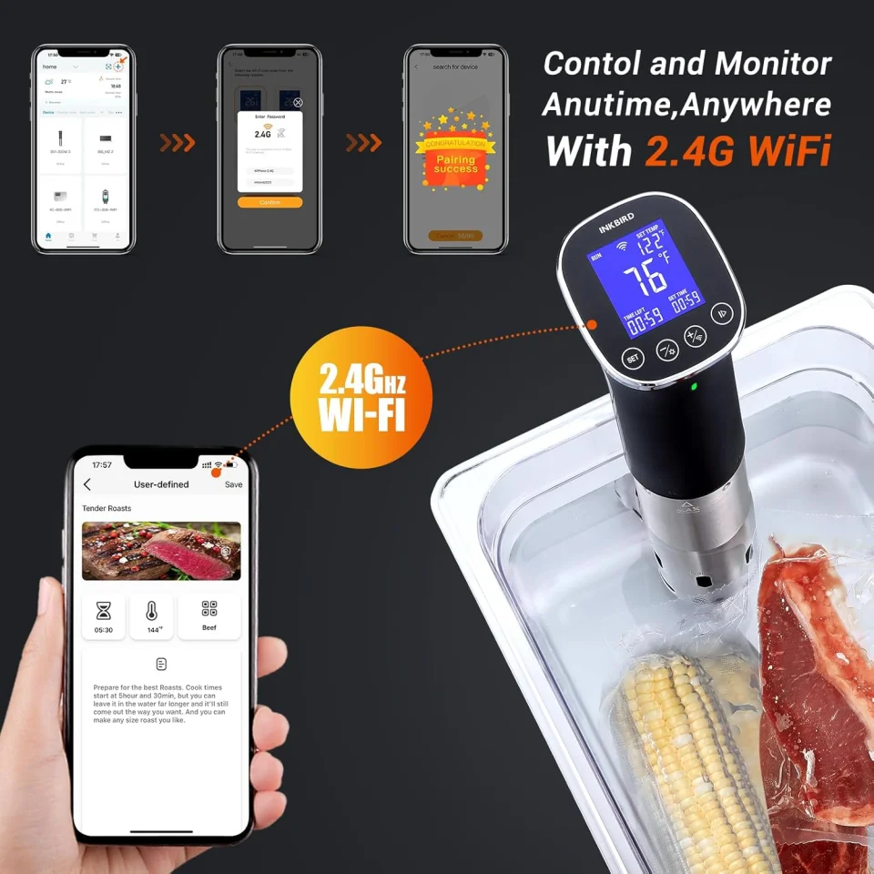 INKBIRD WIFI Sous Vide Cooker ISV-300W, 1000 Watts Sous-Vide Machine with 14 Preset Recipes, 3D Fast-Heating Thermal Immersion Circulator with Timer