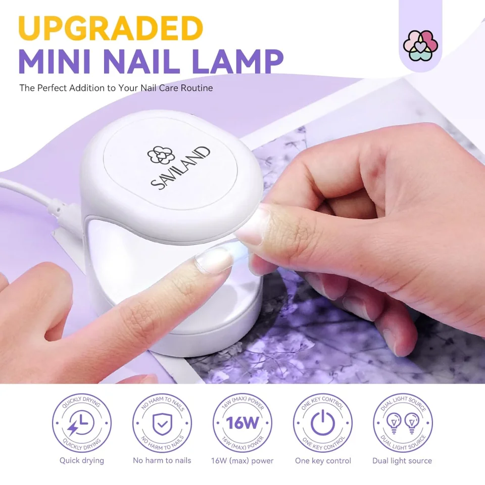 Saviland Mini UV Nail Lamp: Quick-Dry Flash Cure Lamp Gel Nail Lamp 16W Portable UV Light for Gel Nails lampara uv/led para uñas de Gel Nail Extension UV LED Lamp for Manicure Starters DIY Nail Art