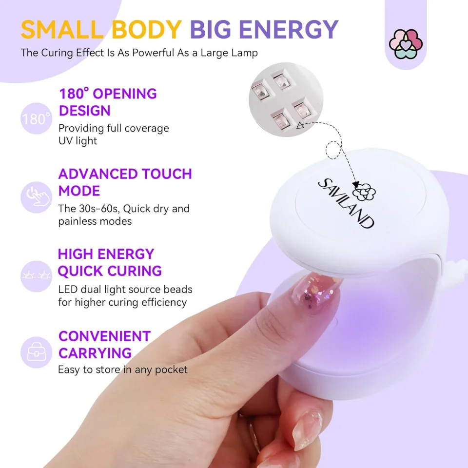 Saviland Mini UV Nail Lamp: Quick-Dry Flash Cure Lamp Gel Nail Lamp 16W Portable UV Light for Gel Nails lampara uv/led para uñas de Gel Nail Extension UV LED Lamp for Manicure Starters DIY Nail Art