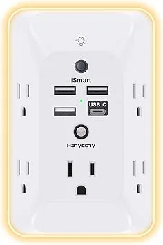 Outlet Extender with Night Light, HANYCONY Multi Plug Outlet, USB Wall Charger Surge Protector 4 USB Ports(1 USB C), Power Strip Electrical Outlet Splitter Expander for Home Office Dorm Room, ETL